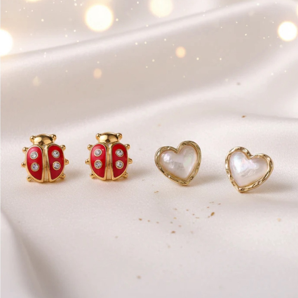 Gold and Red Ladybug and Heart Earrings